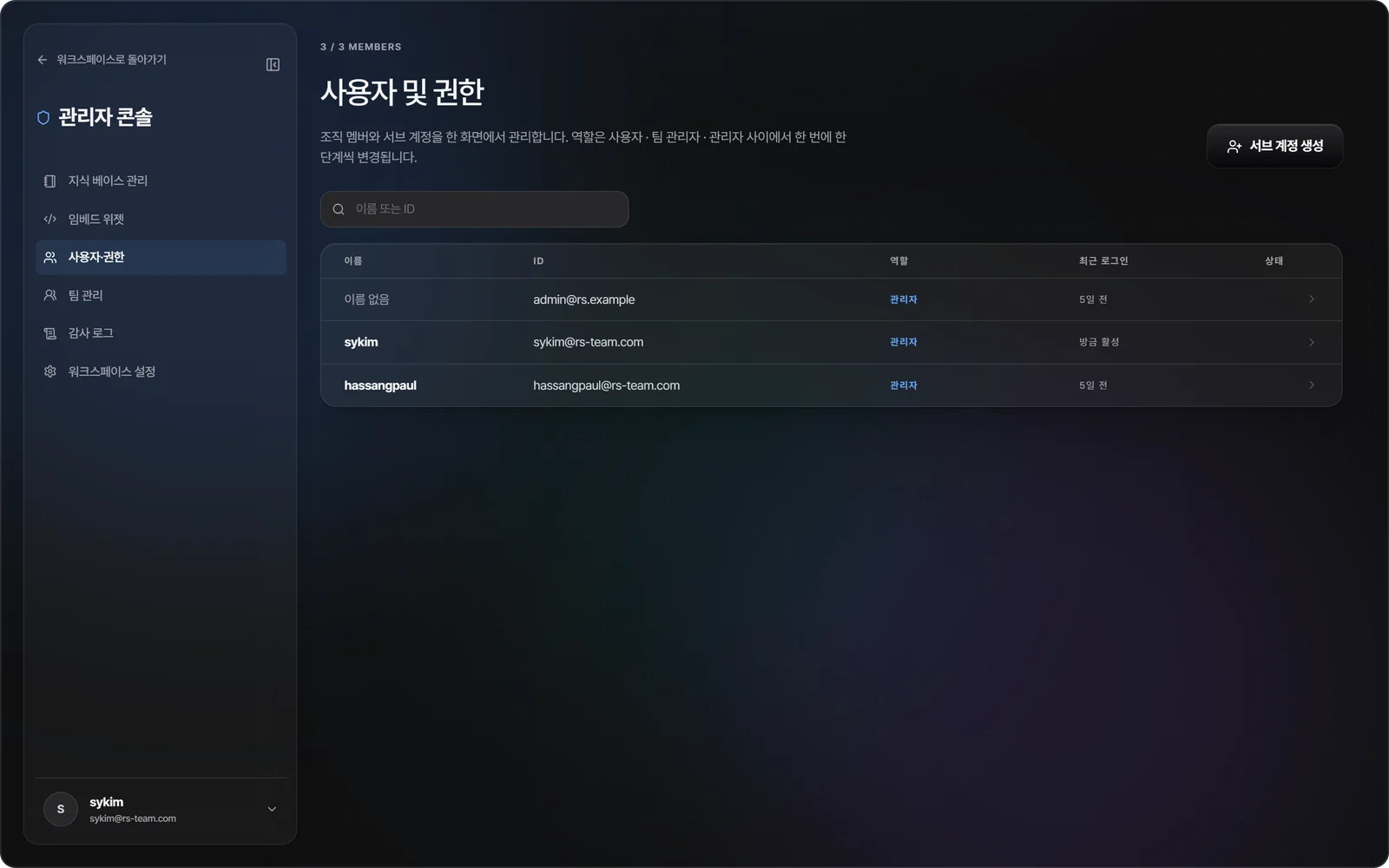 RT'S 관리자 콘솔: 멤버별 역할과 최근 로그인을 관리하는 사용자·권한 화면